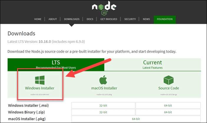 Install Node - Windows downloader Installer for Node