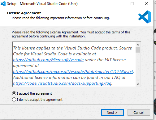 Install Visual Studio Code - Accept Aggreement