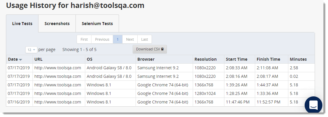 Live Testing On CrossBrowserTesting - Usage History