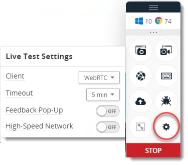 Live Testing Tool Panel - Settings