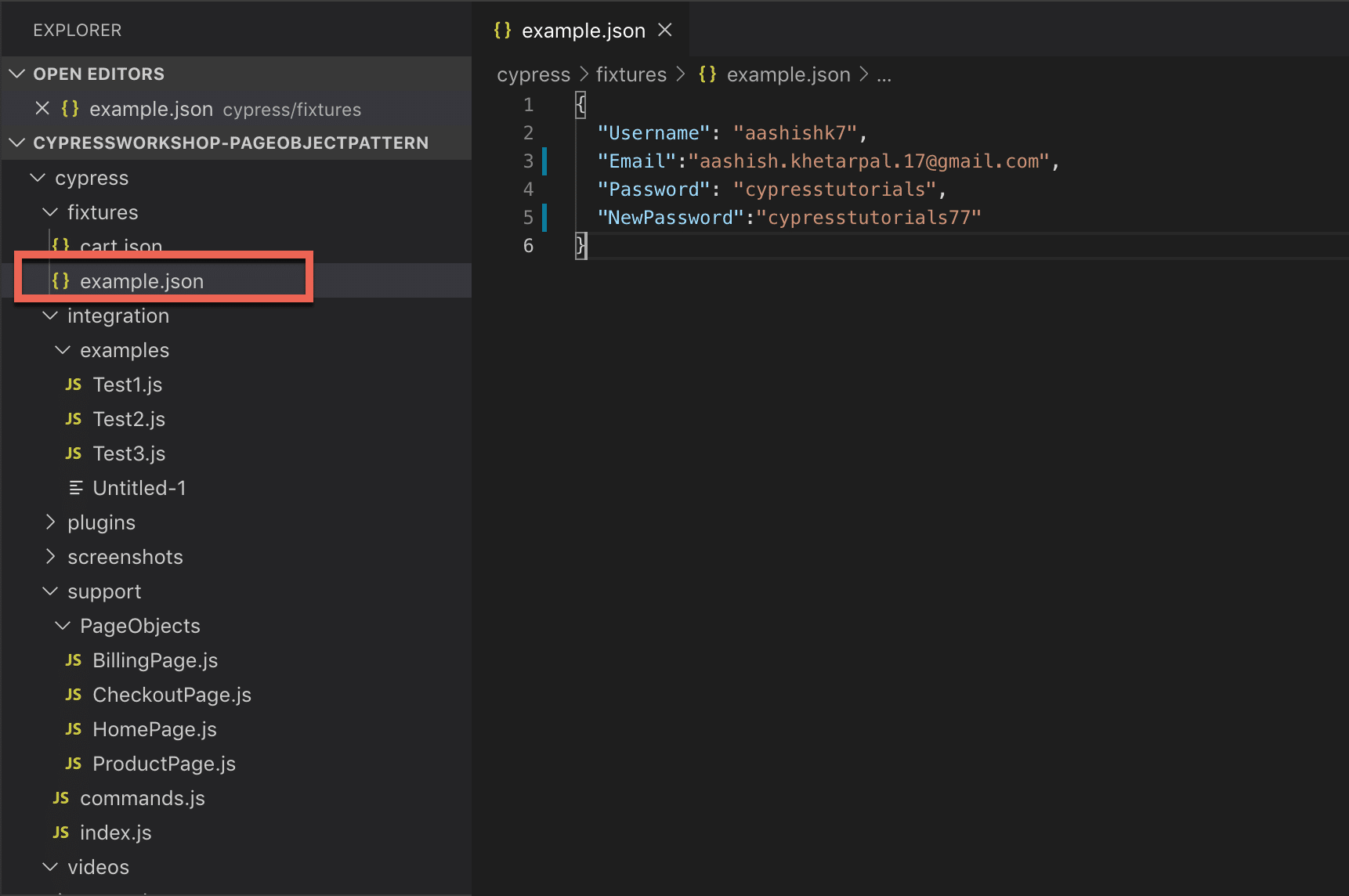 Specifying test data in a fixture file in Cypress