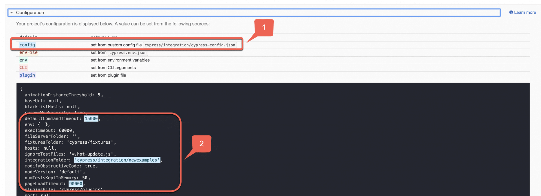 Cypress default config file overridden by different file