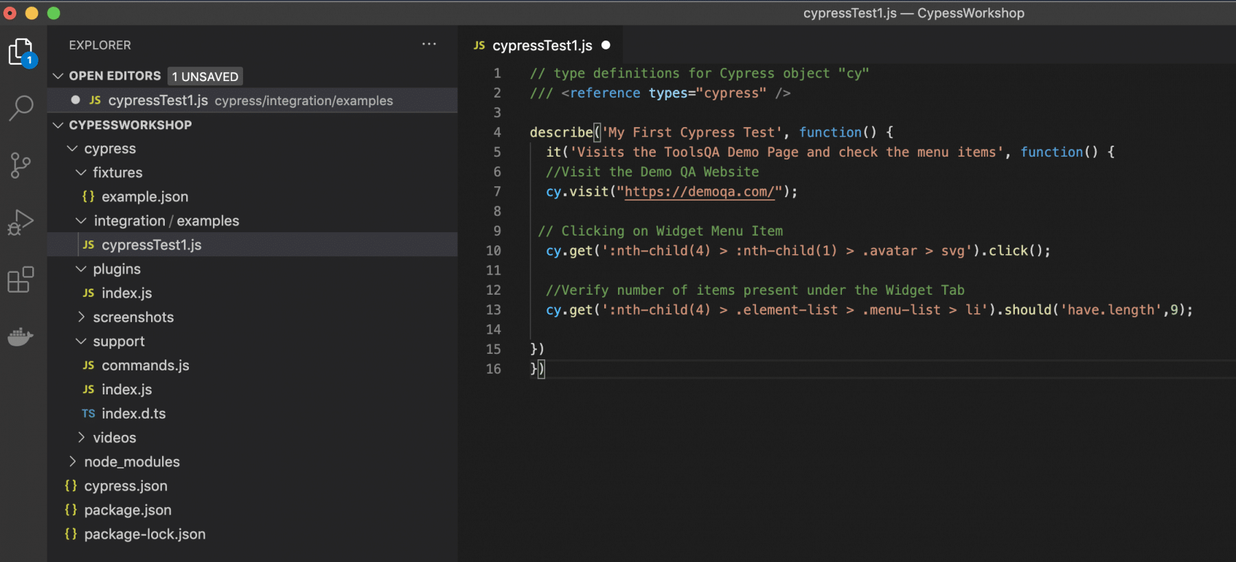 Cypress Test in Visual Studio Code