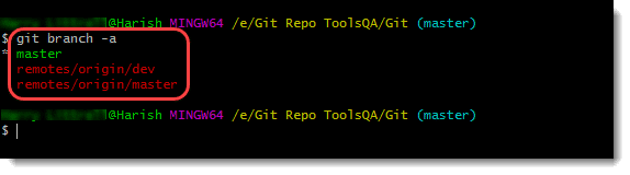 Command to view remote branches in git - Outlut