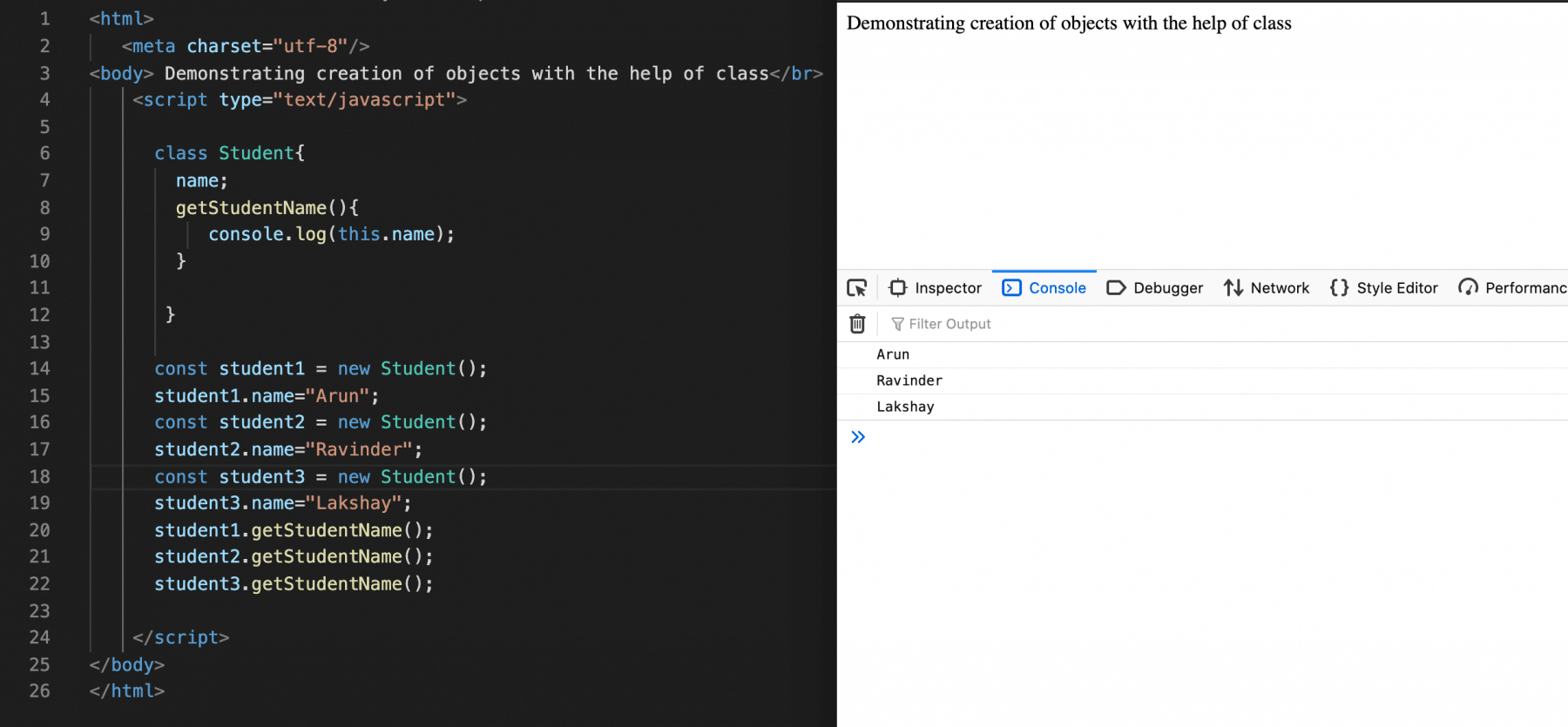  JavaScript class showing invocation of properties and methods