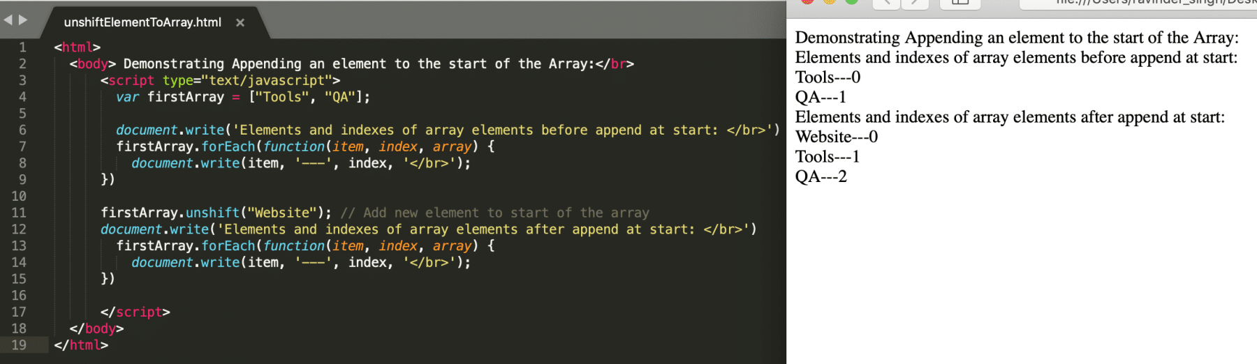 Adding element using unshift method