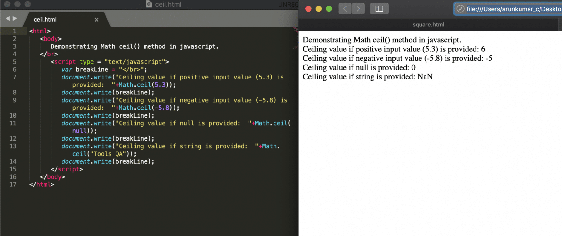 ceil method of math object in Javascript