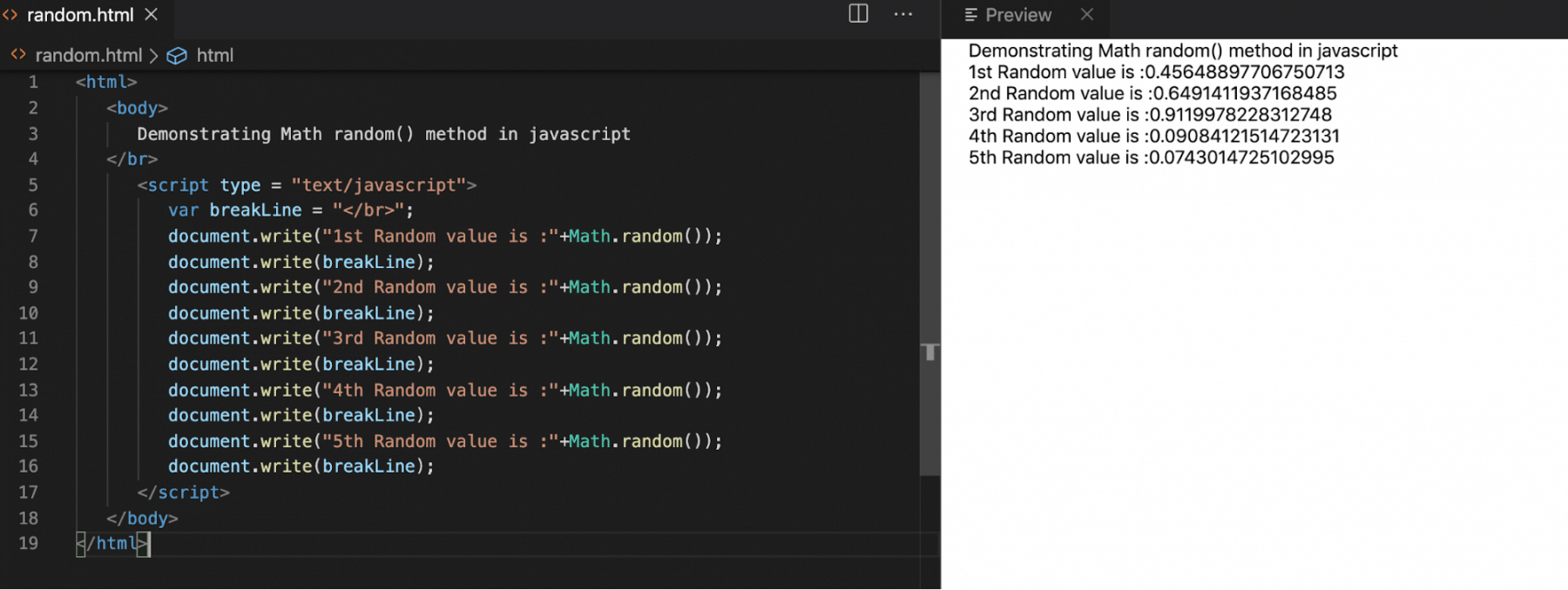 Random method of math object in Javascript