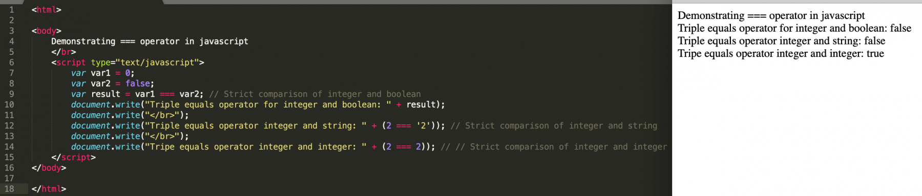  Code demonstrating usage of strict equality operator in Javascript