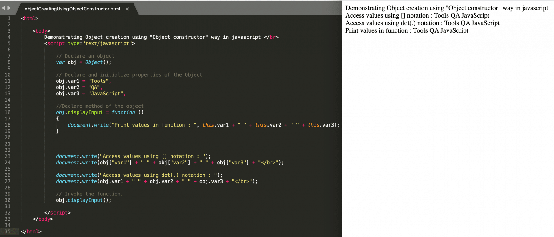  Javascript Object creation using Object Constructor