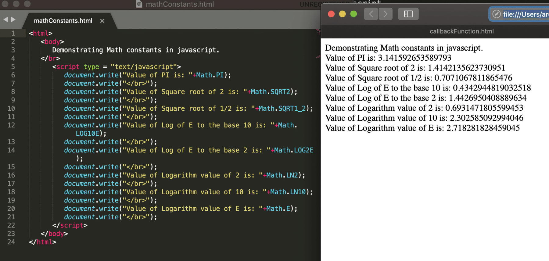 Constants provided by the math object in Javascript