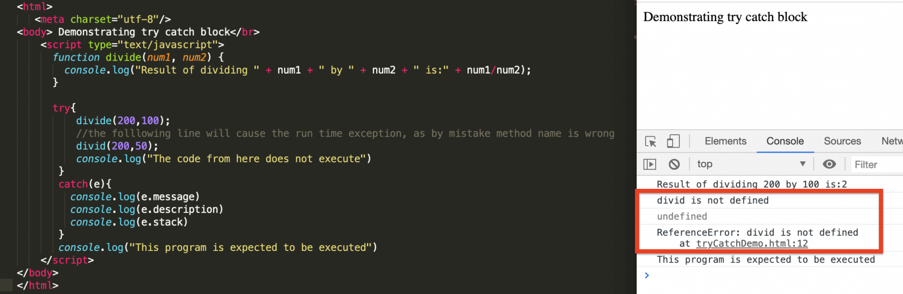 Handling runtime errors using try...Catch block in Java Script