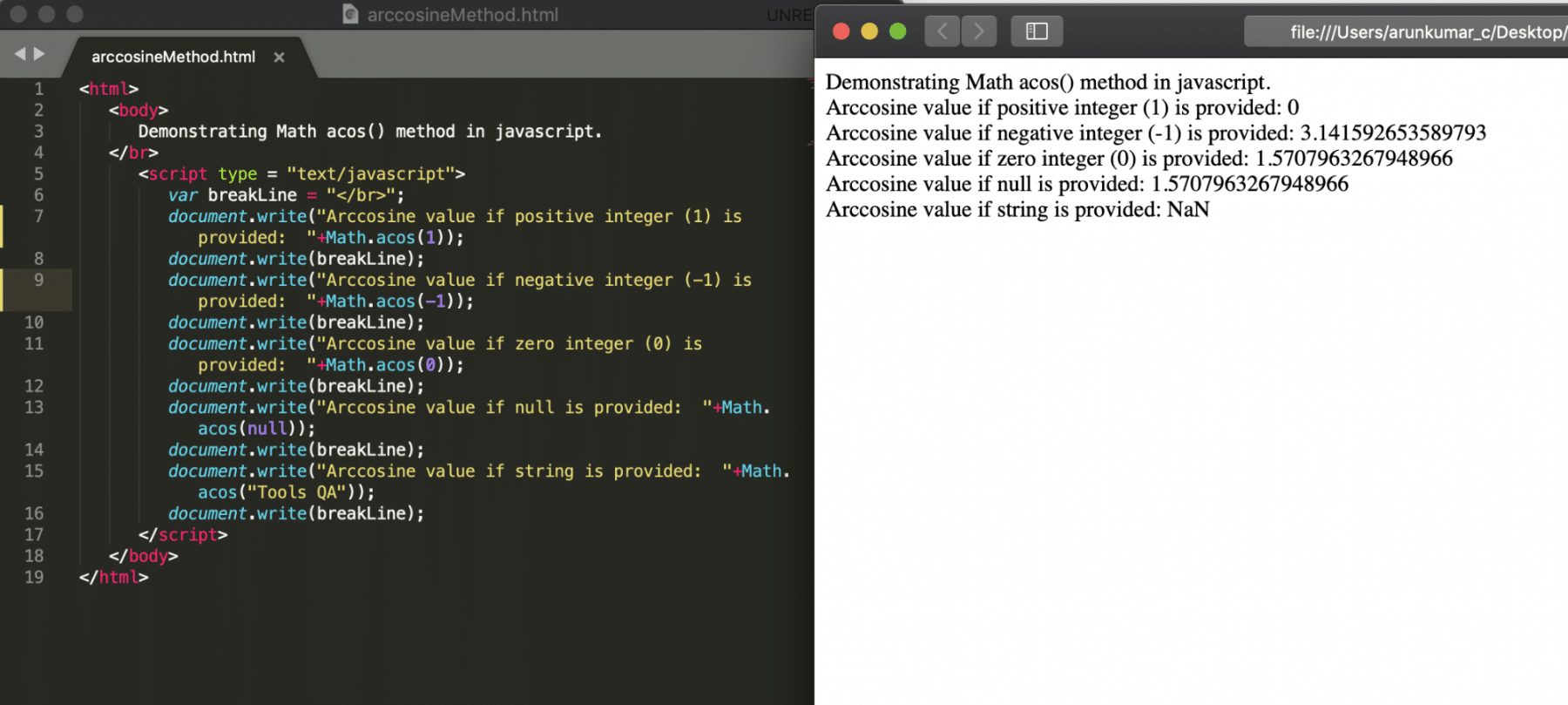 acos method of math object in Javascript