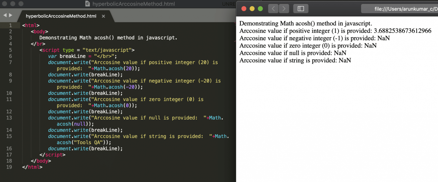acosh method of math object in Javascript