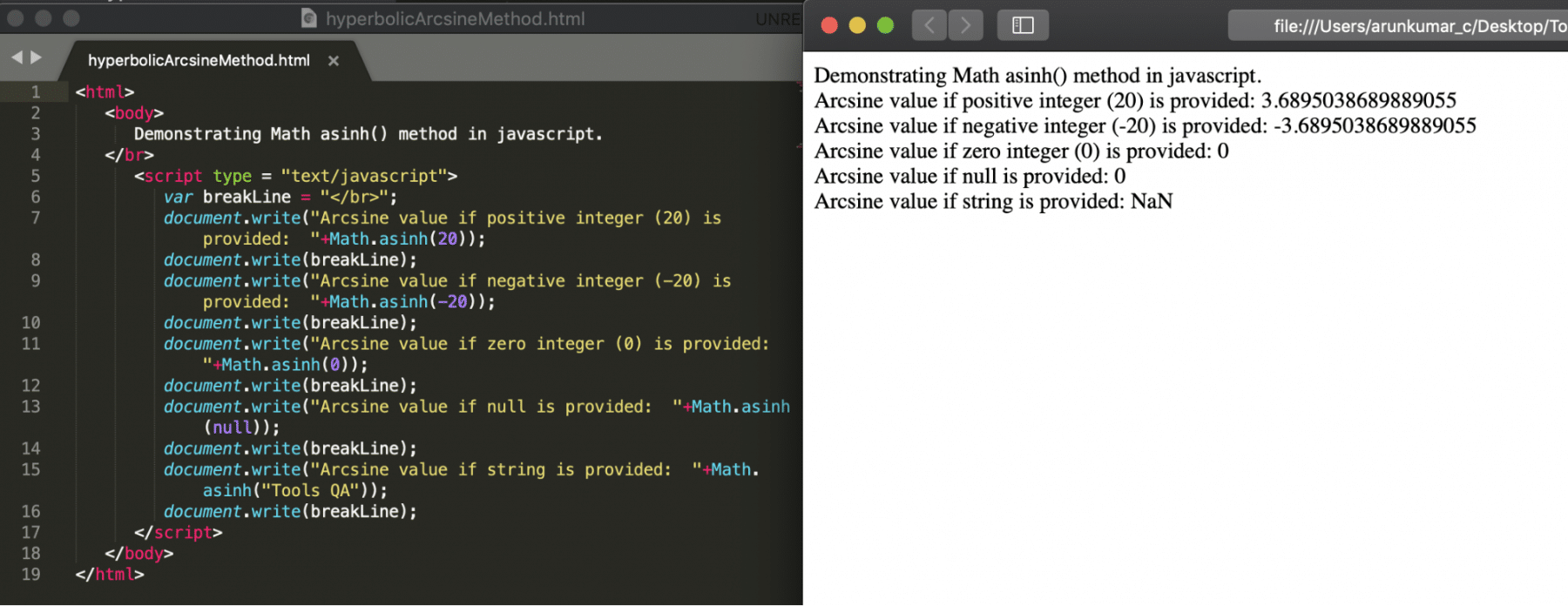 asinh method of math object in Javascript