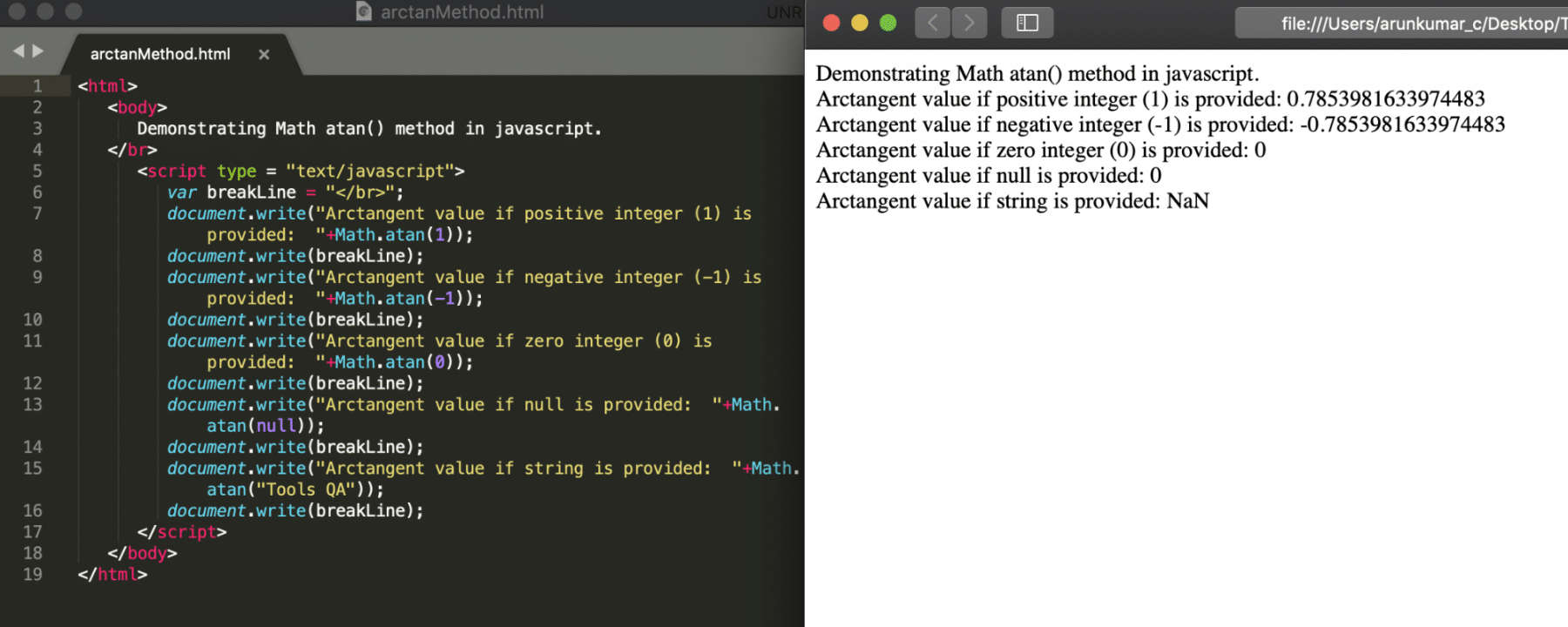 atan method of math object in Javascript