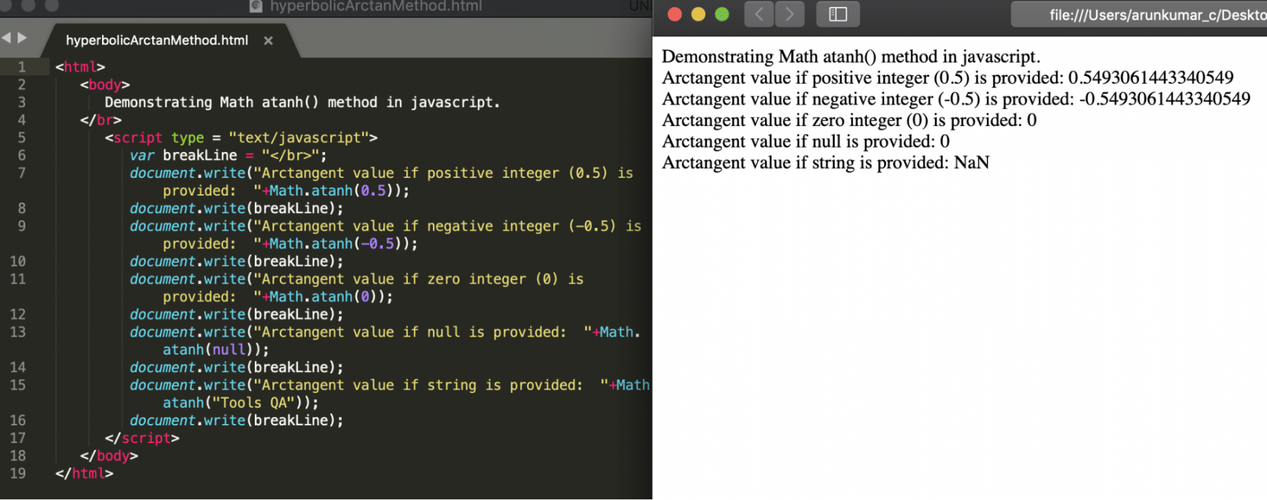 atanh method of math object in Javascript