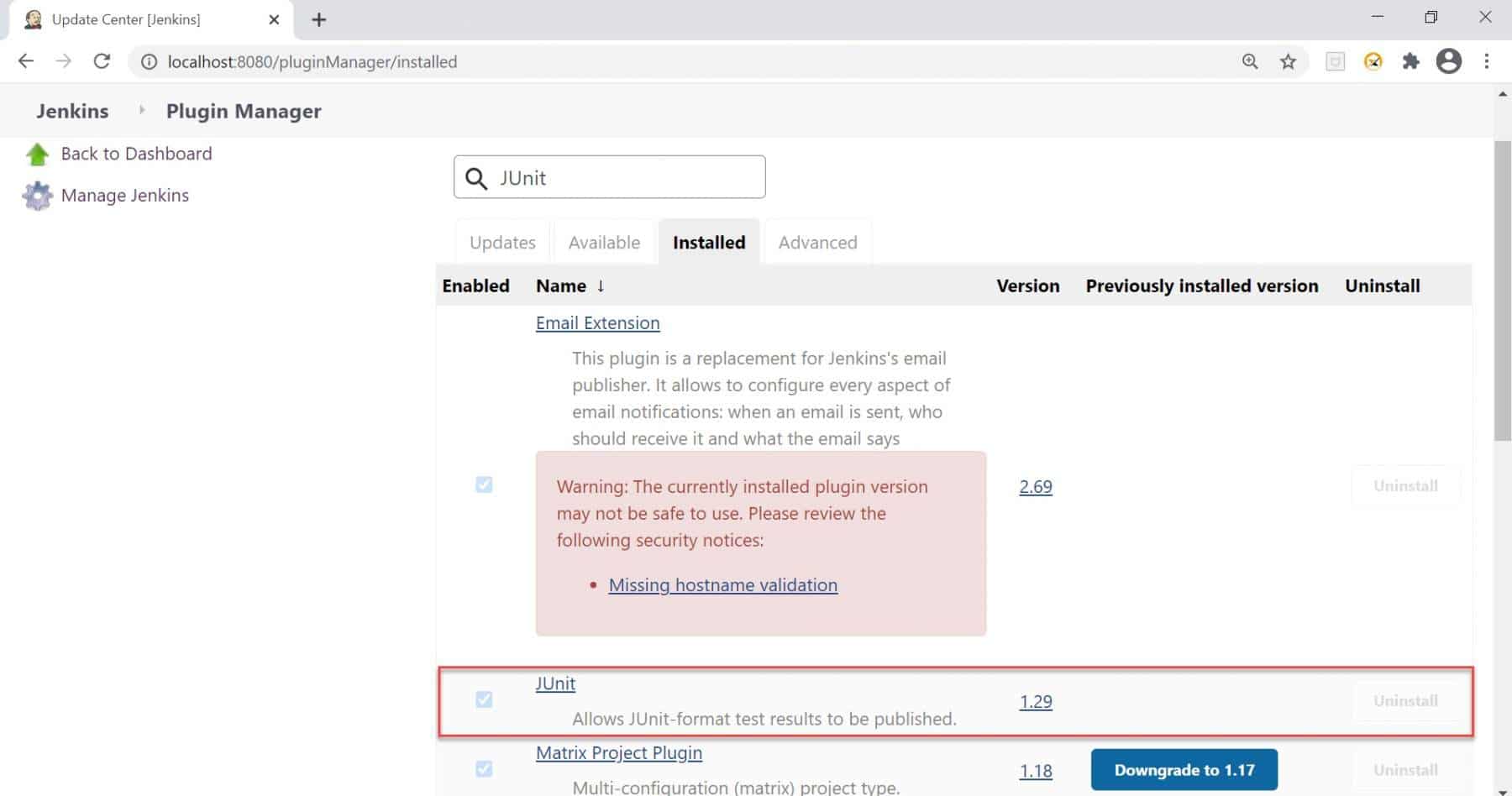 JUnit Jenkins reporting plugin installed