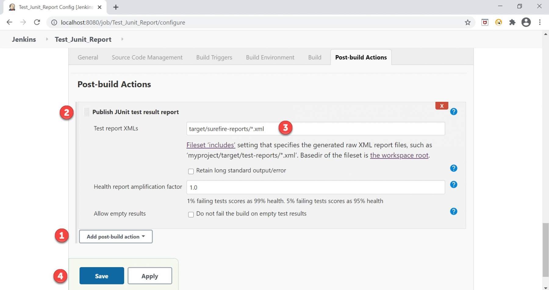 Jenkins reporting setting for publishing junit report