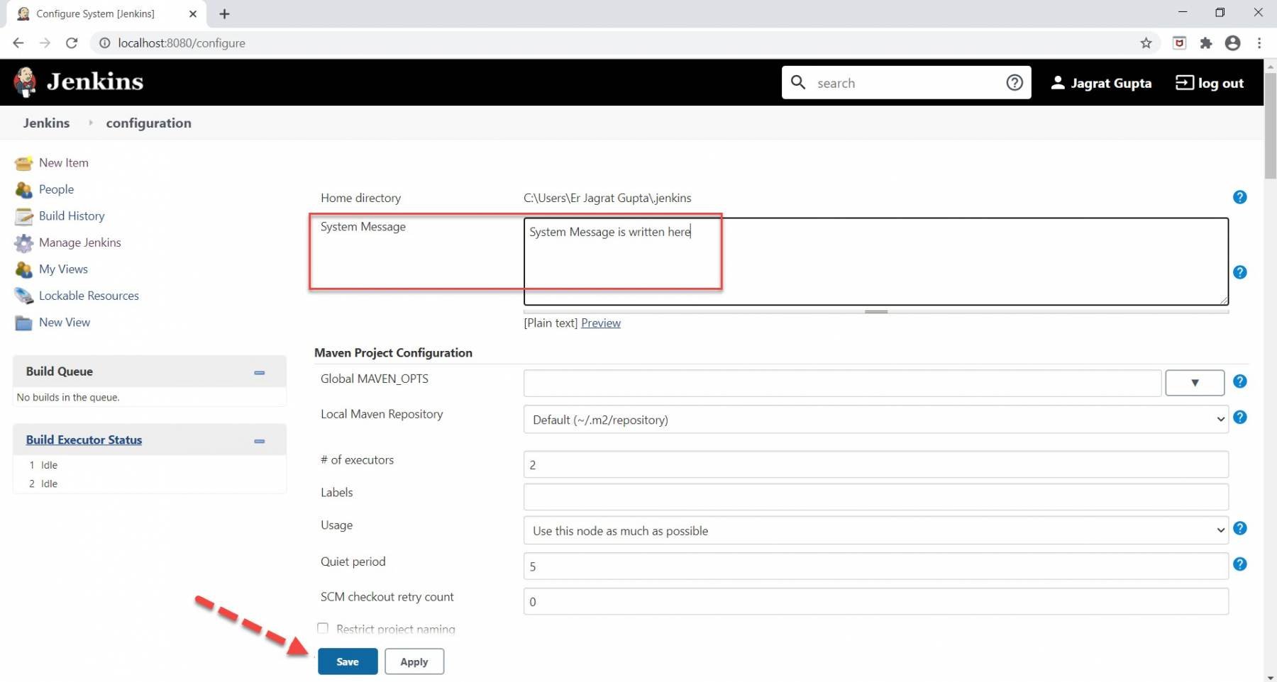 Jenkins Configure: System message configuration