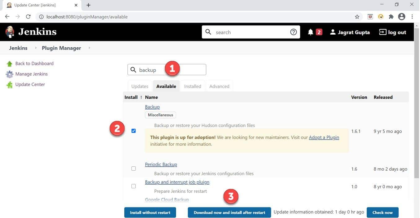 Jenkins Backup Plugin Installation of backup plugin