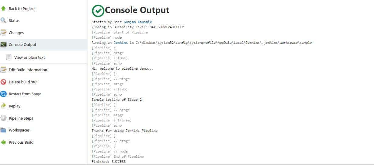 Pipeline Console Output for the build