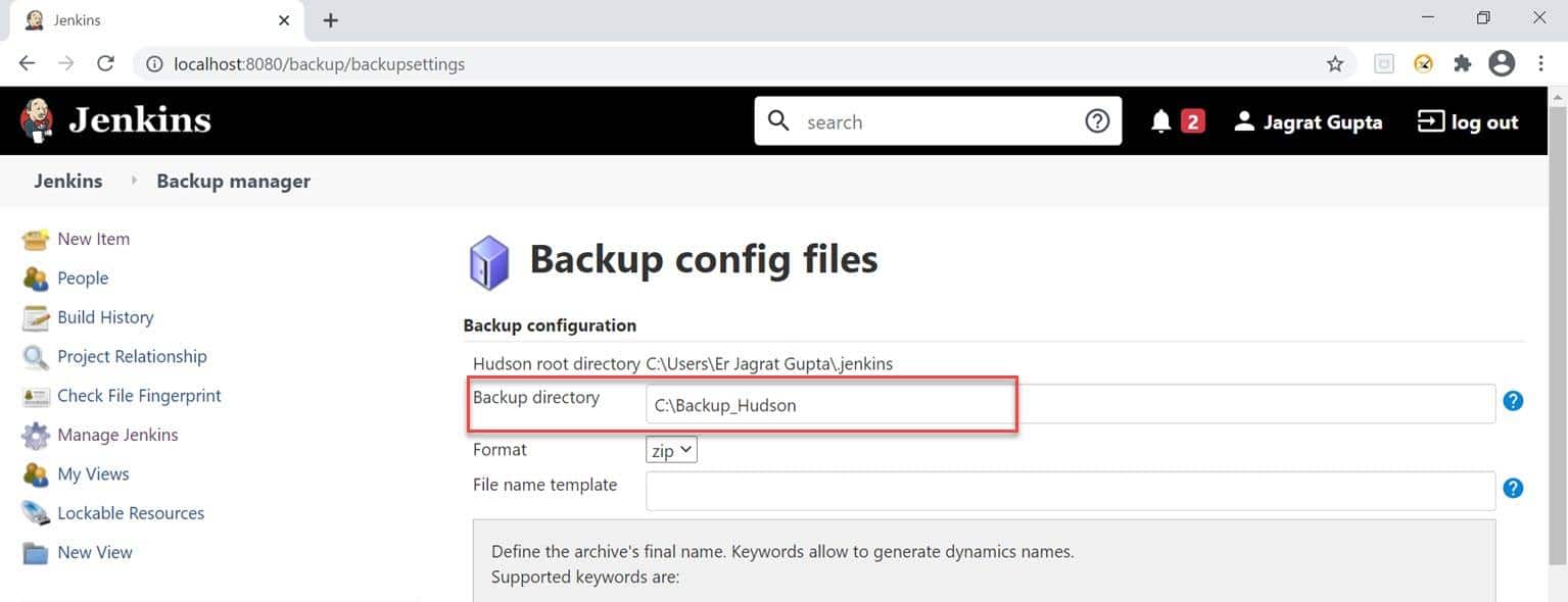 Jenkins Backup Plugin backup directory setup