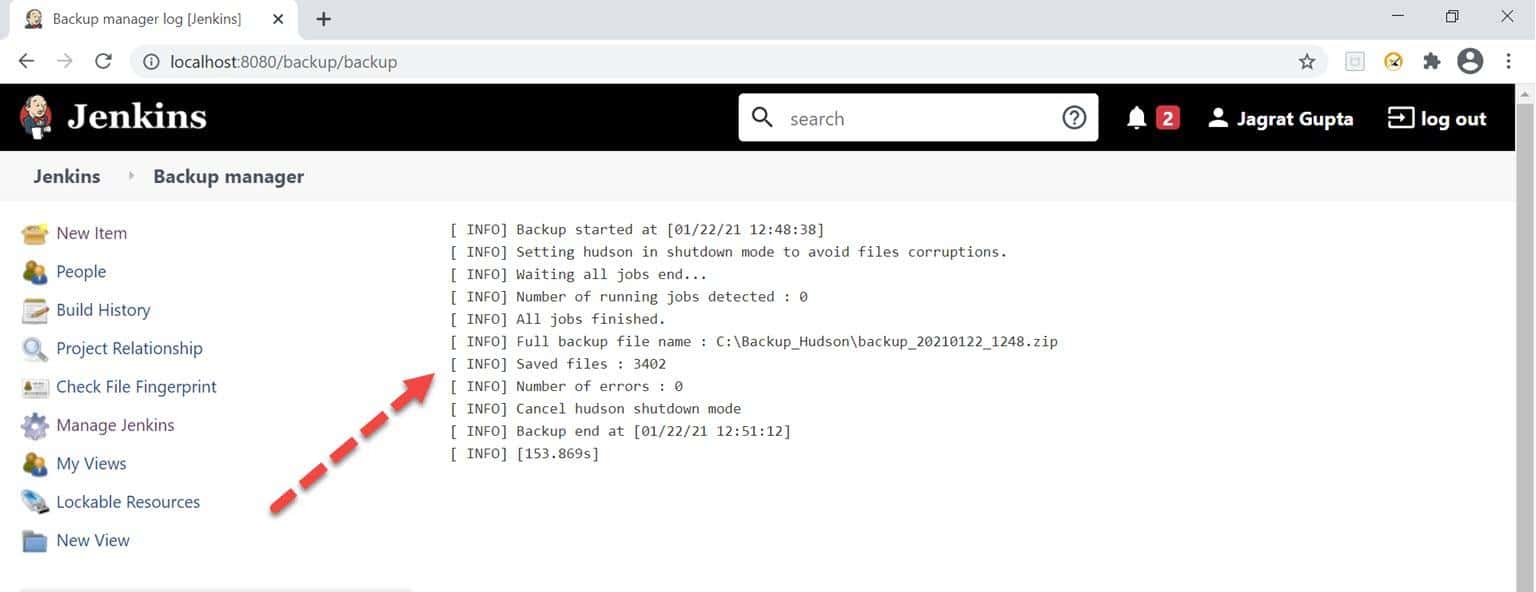 Jenkins Backup Plugin Success logs of backup