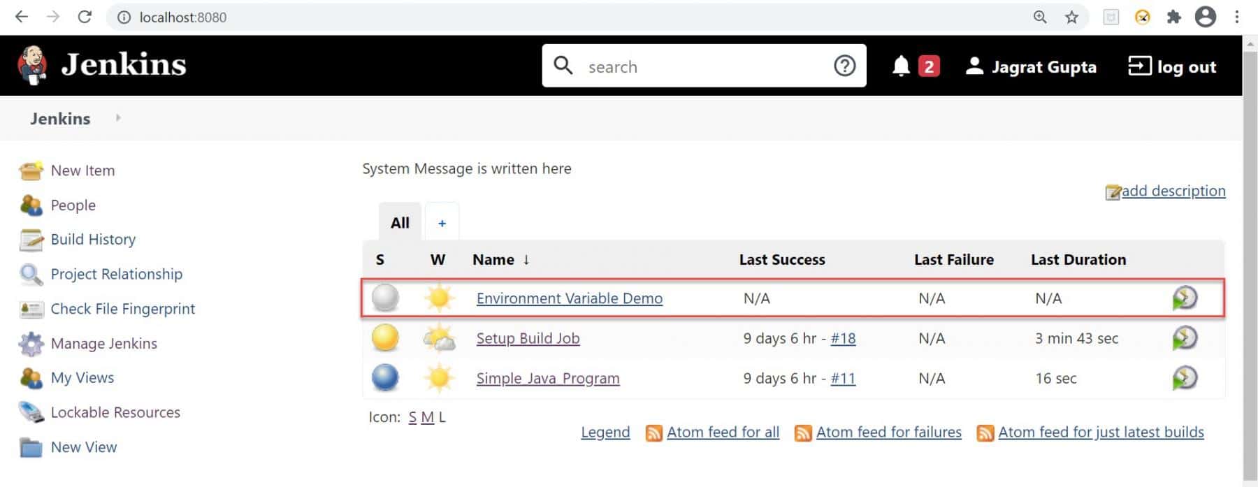 Creation of a job for Environment variables Demo