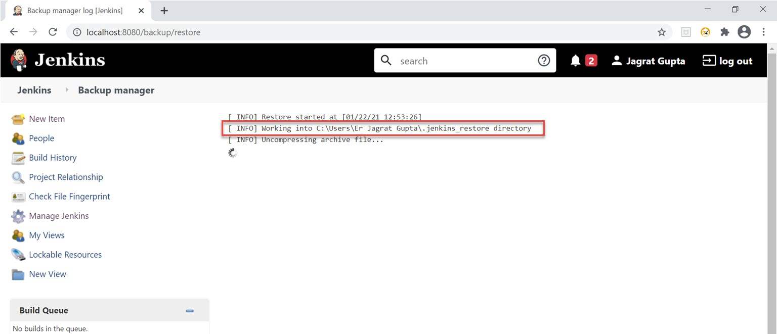 Jenkins Backup Plugin Restoration process started