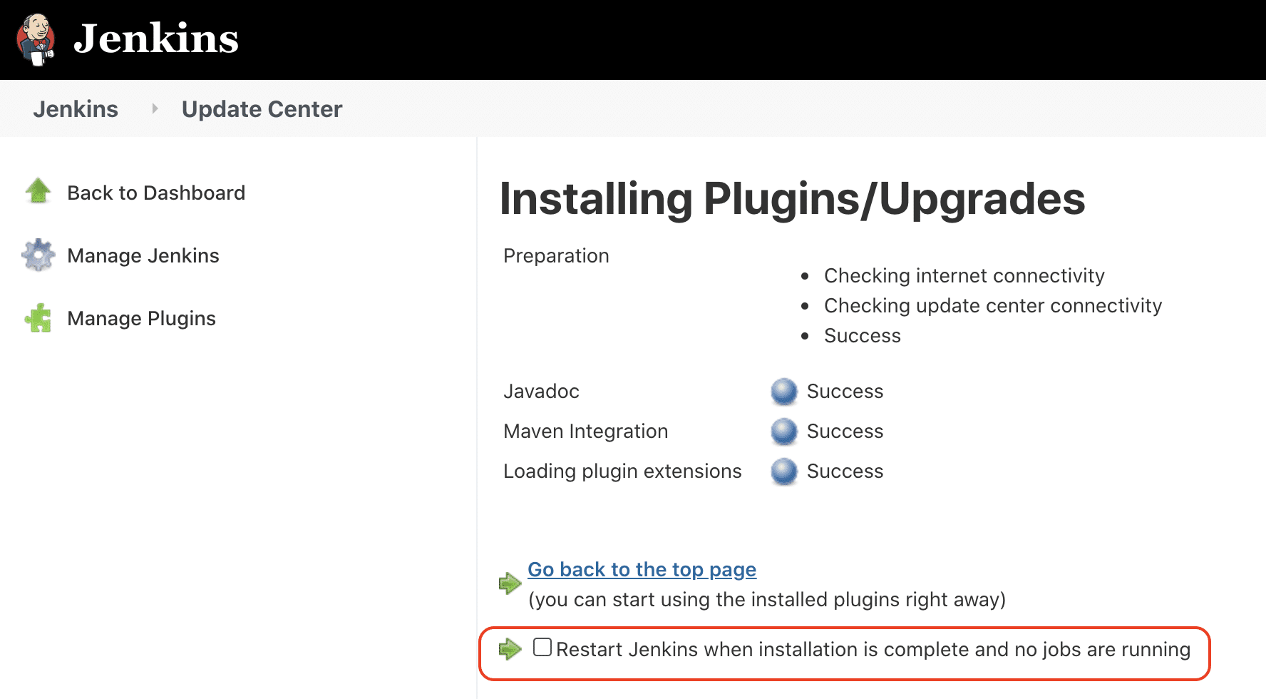 restart jenkins after maven plugin installation