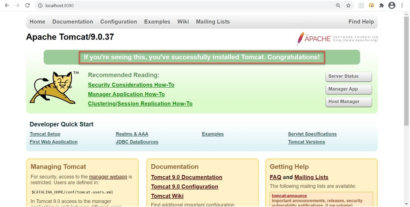 Validation of Tomcat server installation