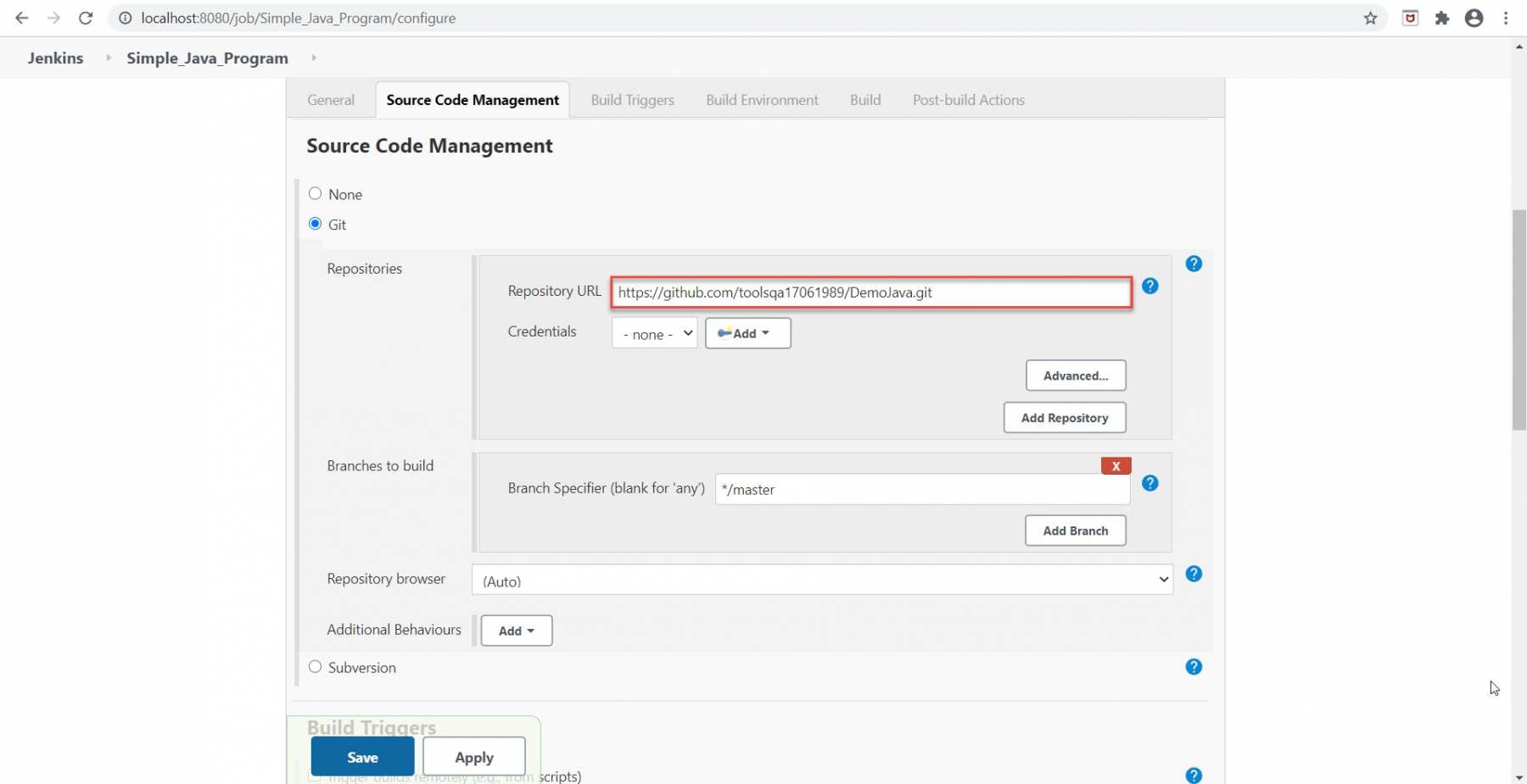 Selection of Source code management section