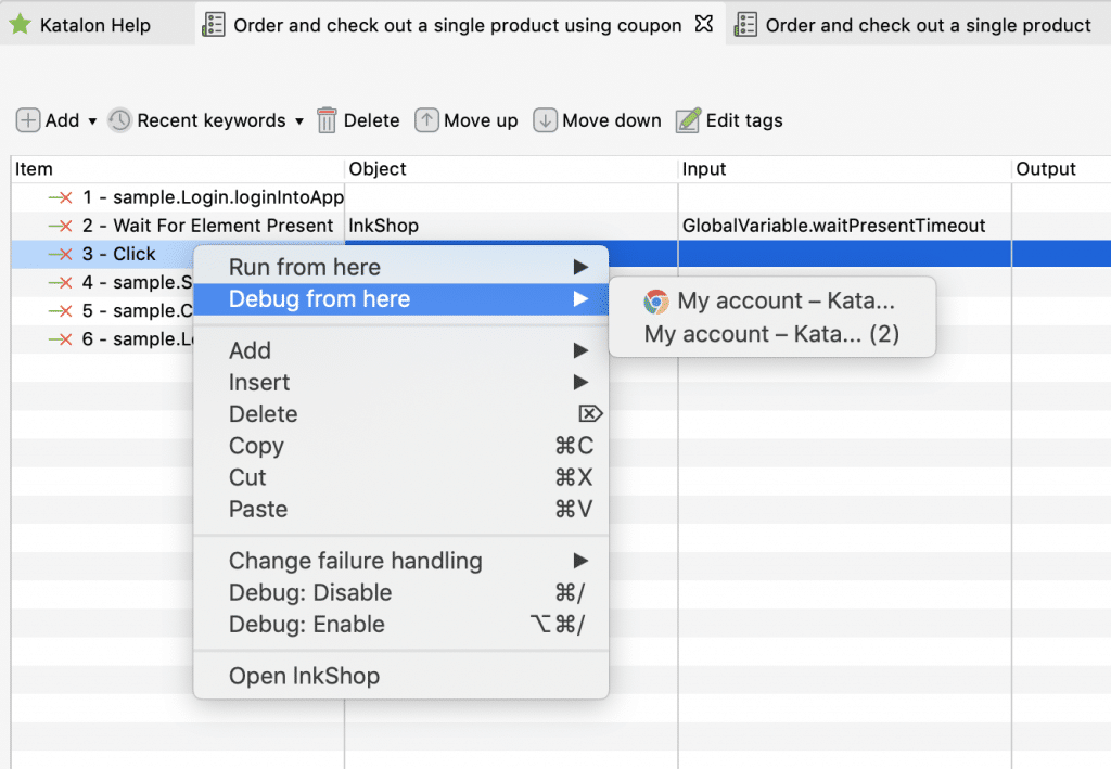 Debugging from selected step