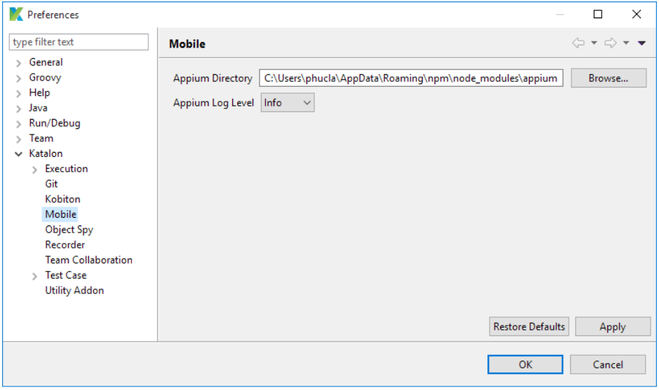 Appium directory settings Automation