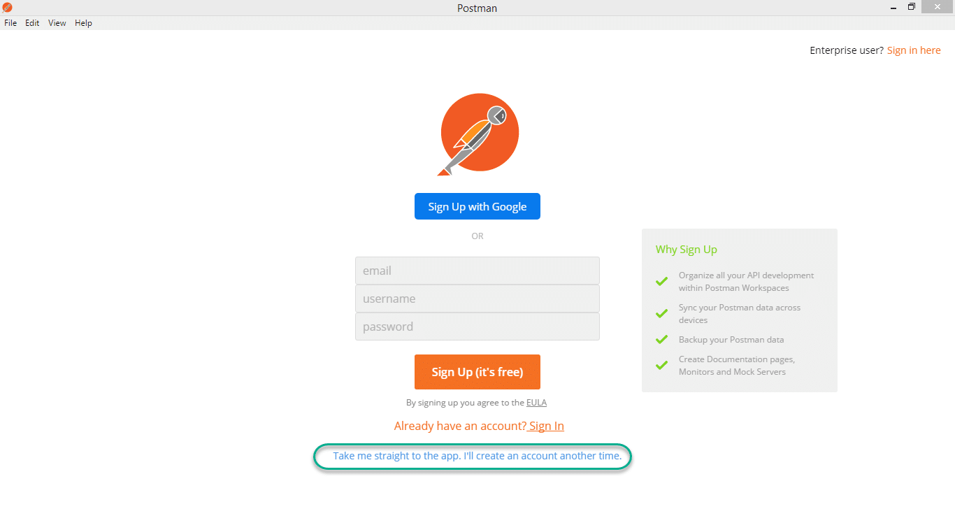 Postman Sign up