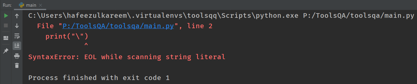 Output of code showing usage of Double Backslash escape sequence in python