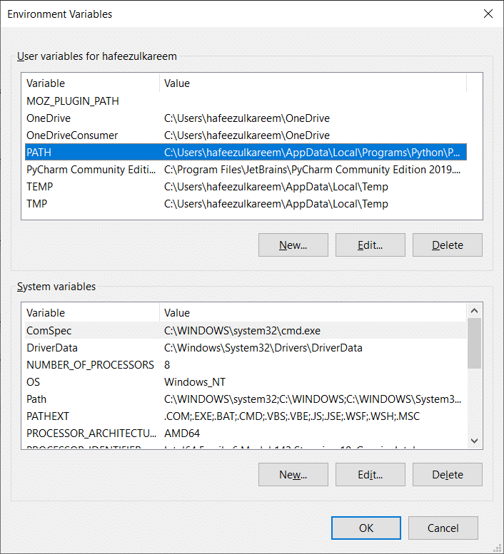 Environment Variables Setup Window