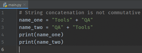 Code to establish python string concatenation operator is not commutative