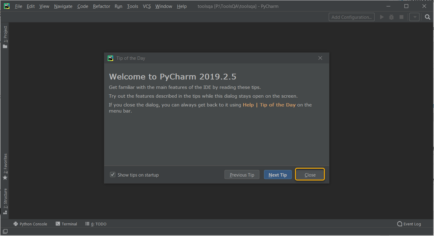 Python IDE PyCharm Welcome Screen