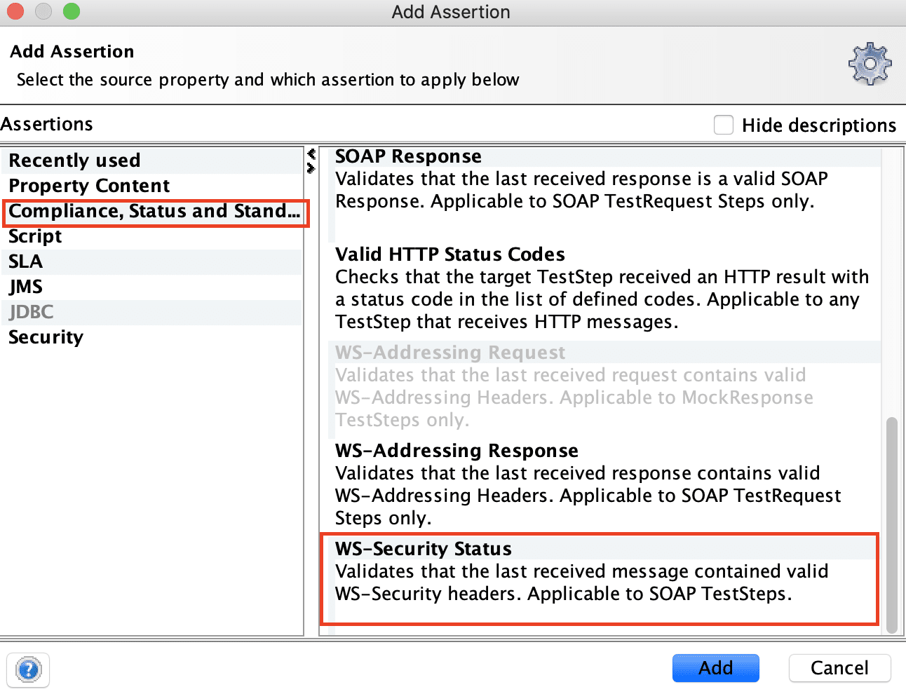 Add WS Security Status assertion in SoapUI