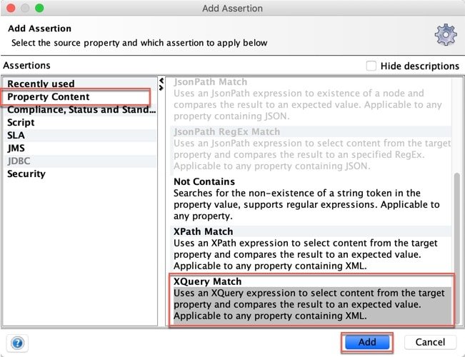 How to add XQuery Match AssertionCommon for both SOAP and REST in SoapUI