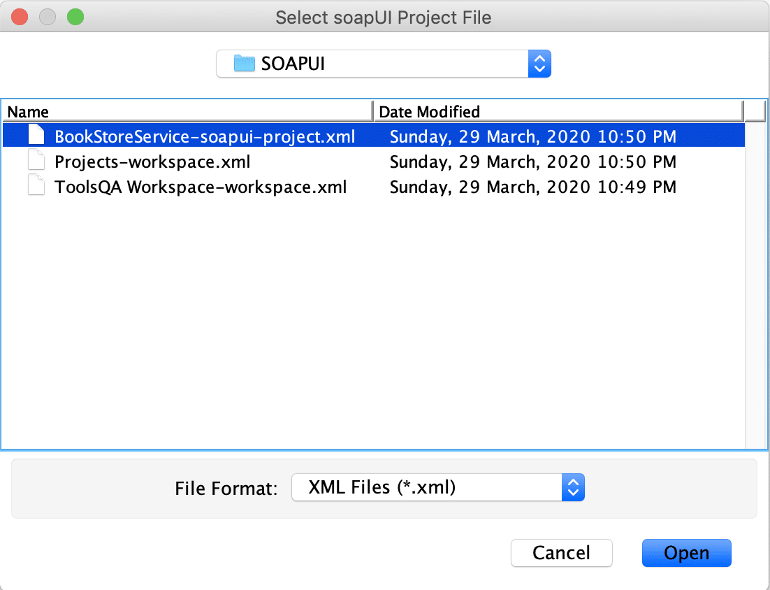 Select project to import in new workspace in SoapUI