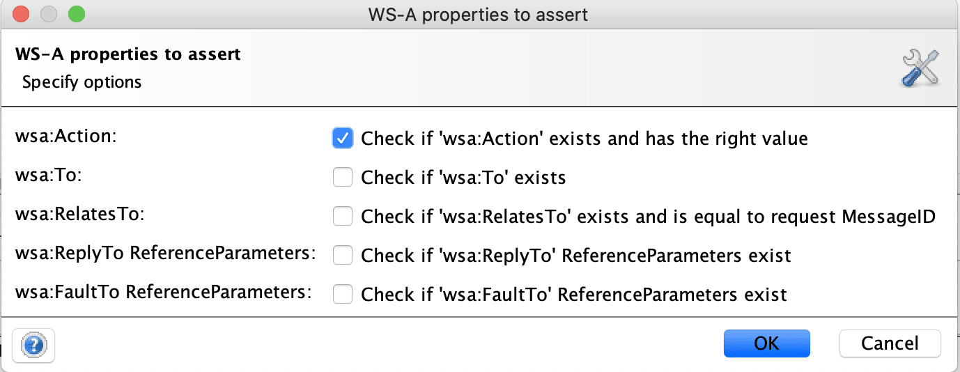 Dialog showing WS A properties Assertion in SoapUI