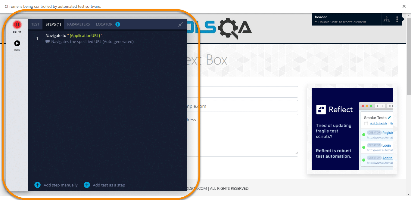 Smart Test Recorder window showing TestSteps