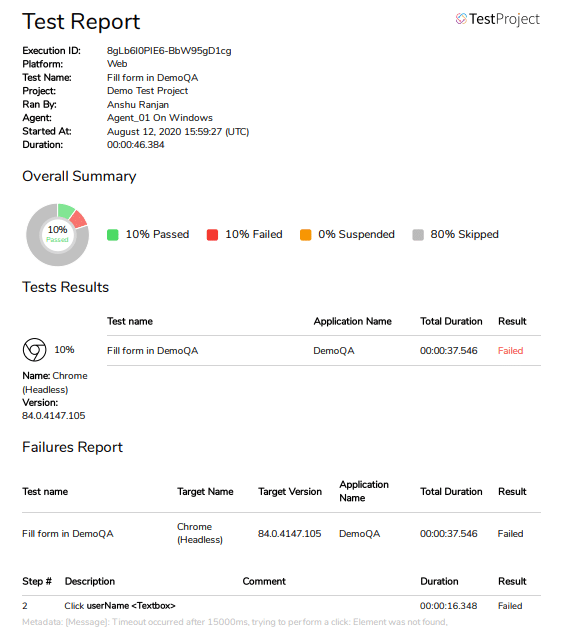 Summary PDF test reports in TestProject