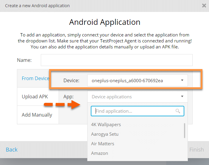 mobile test automation using TestProject Select Device and Android app