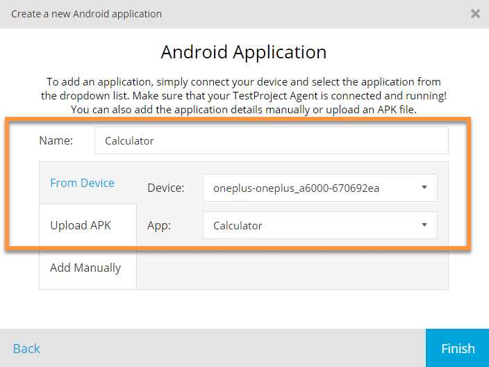 mobile test automation using TestProject Device and App selected