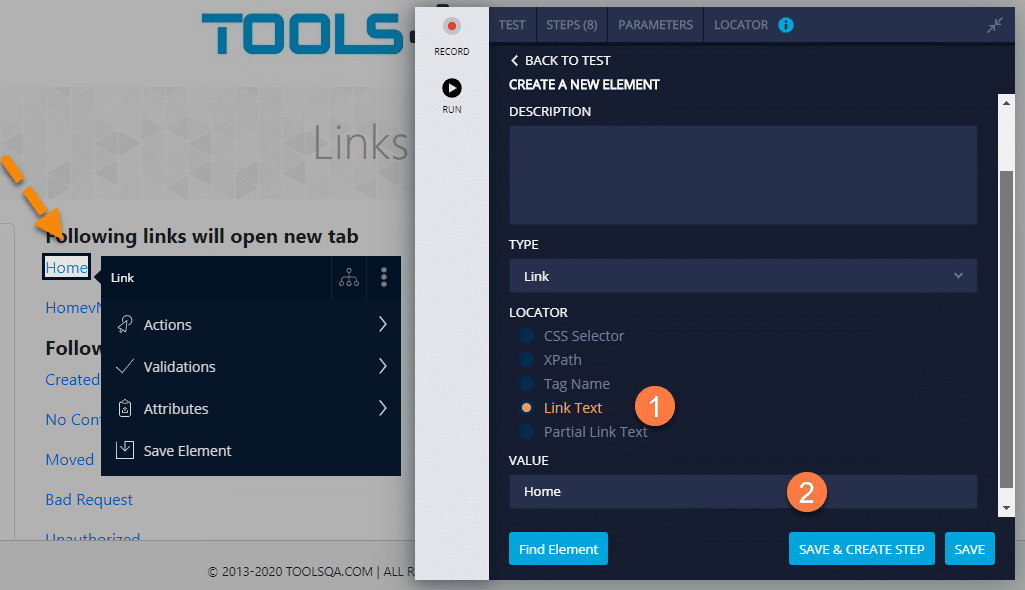 Using Link Test for Locating Element in TestProject