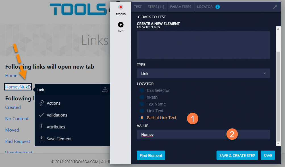 Locating Element using Partial Text in TestProject